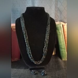 Vintage TRIFARI Gold Tone 5-Strand Black Glass Bead Necklace & Earrings
